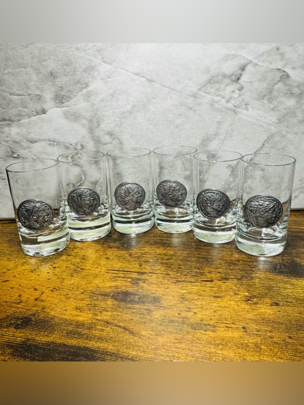 Vintage Zinnmünzen Rastal Crystal Schnapps Glasses Set of 6 w/ Box